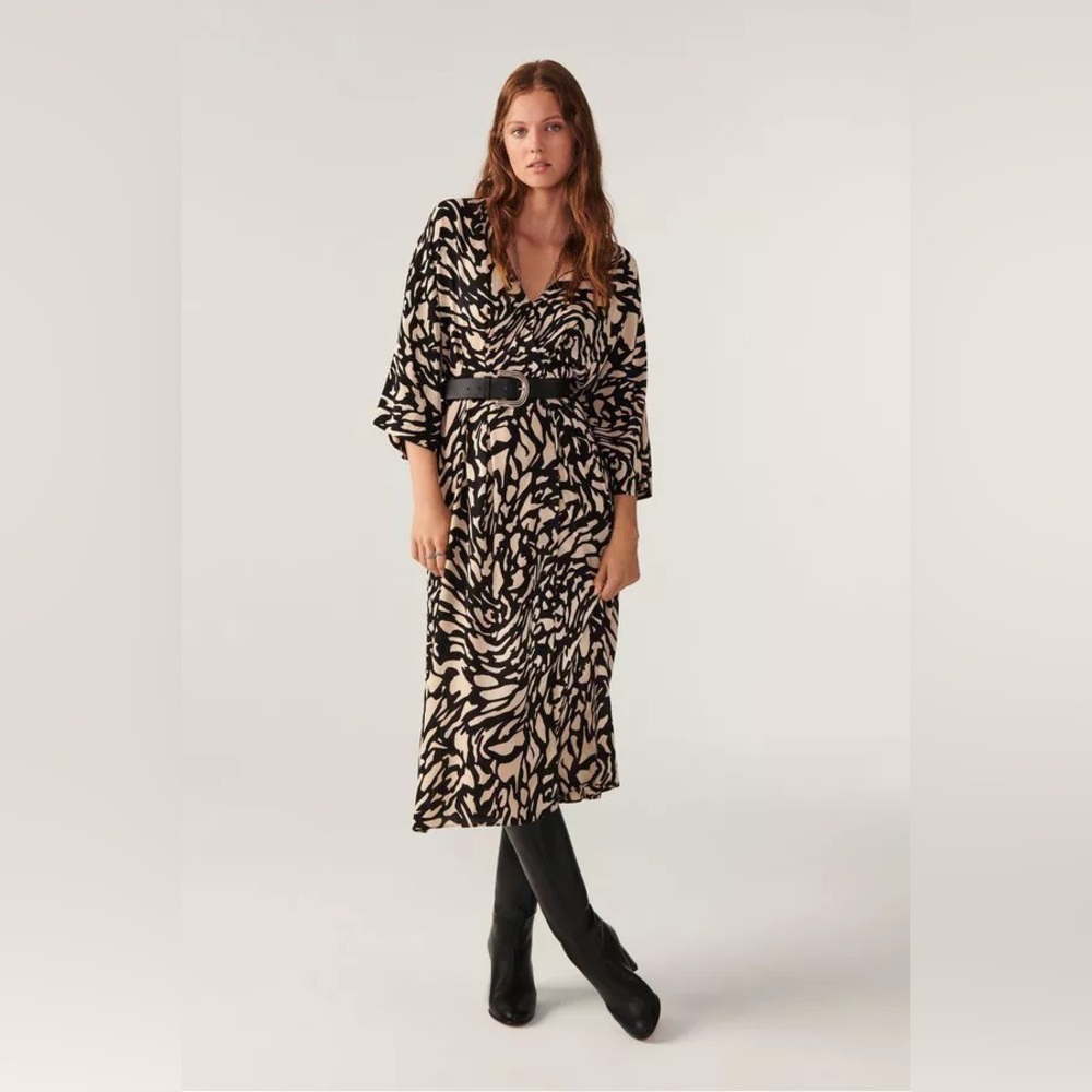 Ba&sh Goa Pleated Printed Midi Dress Black Cream Size XS Kimono Style
